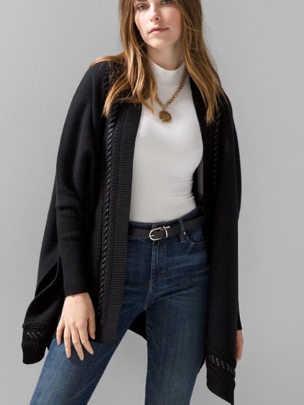 NWOT WHBM Whipstitch Ruana Poncho Cardigan Wool Blend Black XS/S NEW